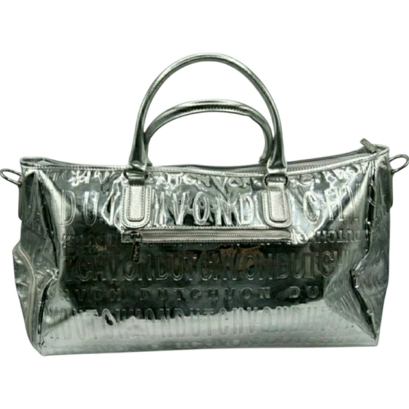 NWT! Von Dutch Metallic Silver Mirrored Weekender Gym Duffel Bag (Retail $379) - Picture 14 of 15
